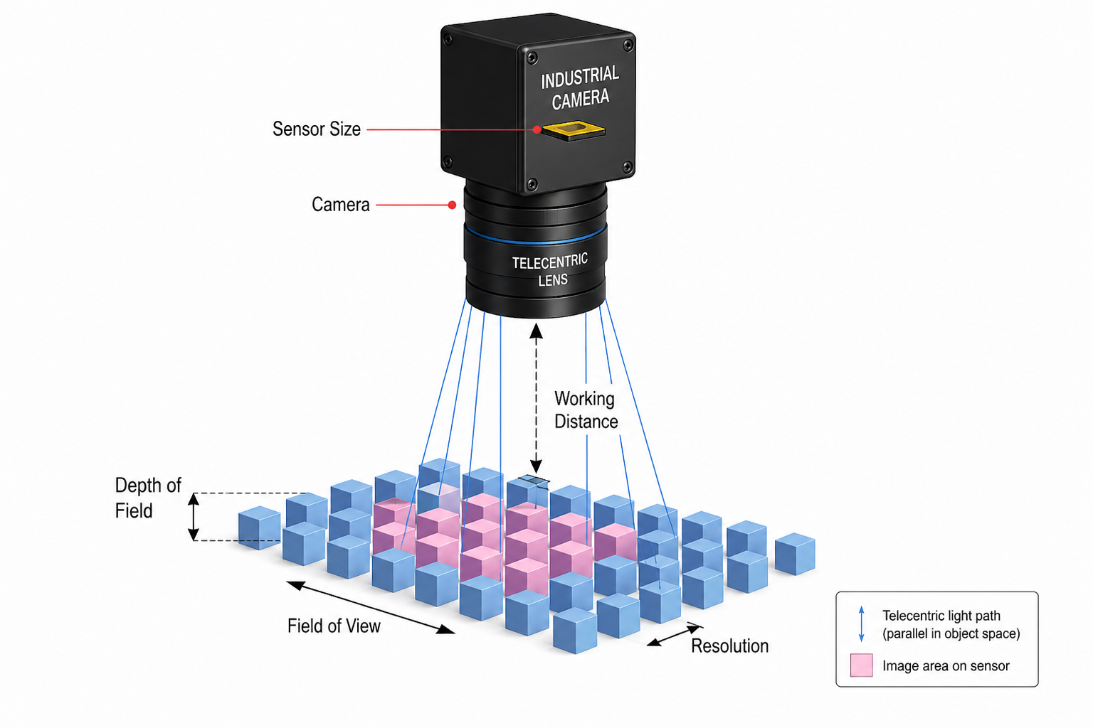 machine vision lens selection diagram showing sensor size working distance field of view depth of field and resolution