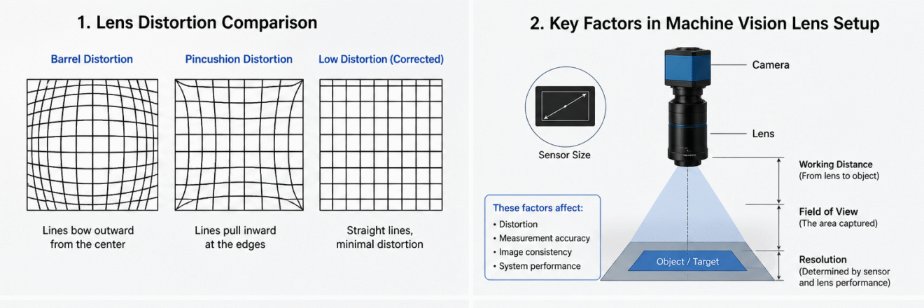 machine vision lens diagram showing working distance field of view sensor size and resolution
