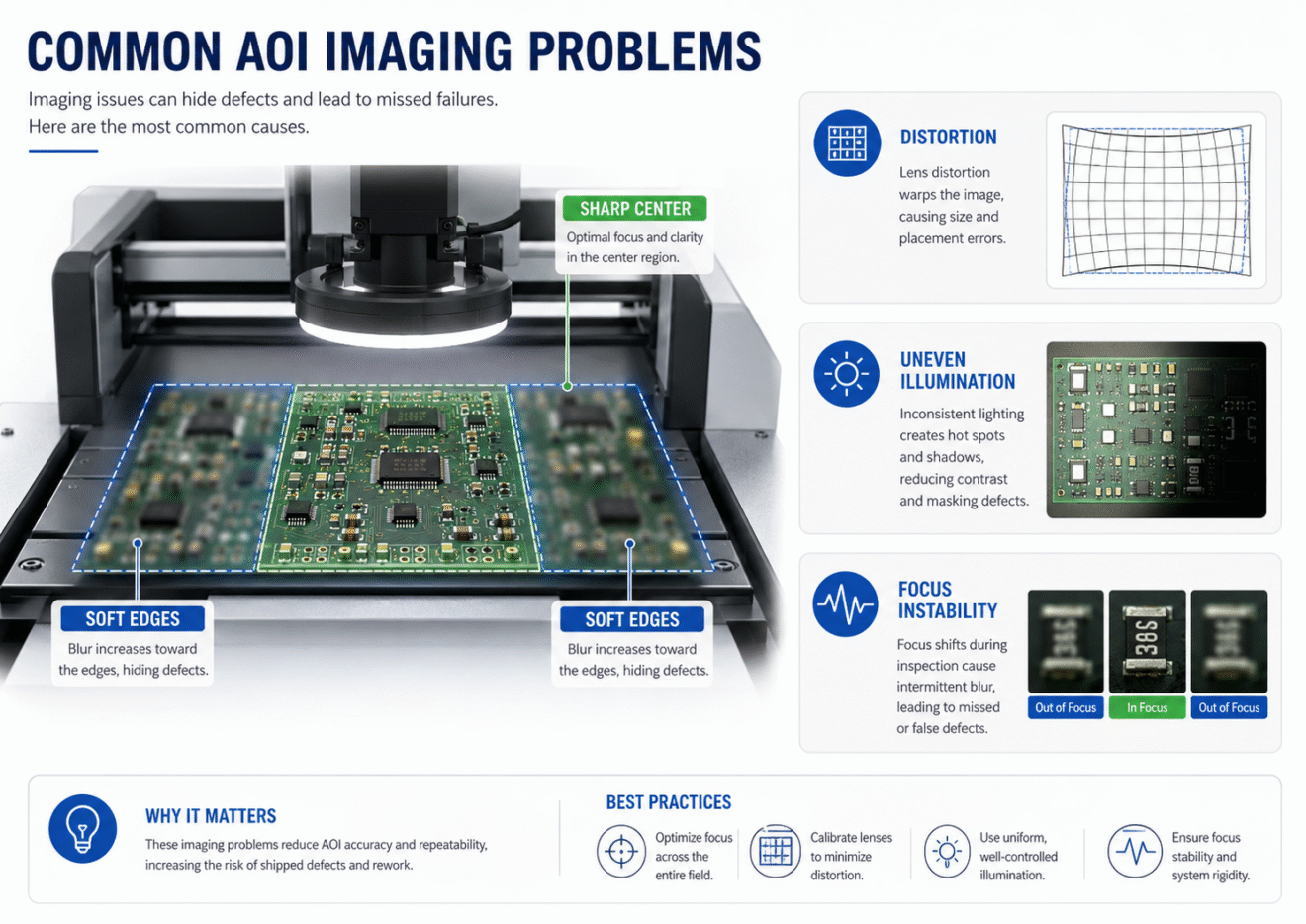 common AOI imaging problems including soft edges distortion uneven illumination and focus instability