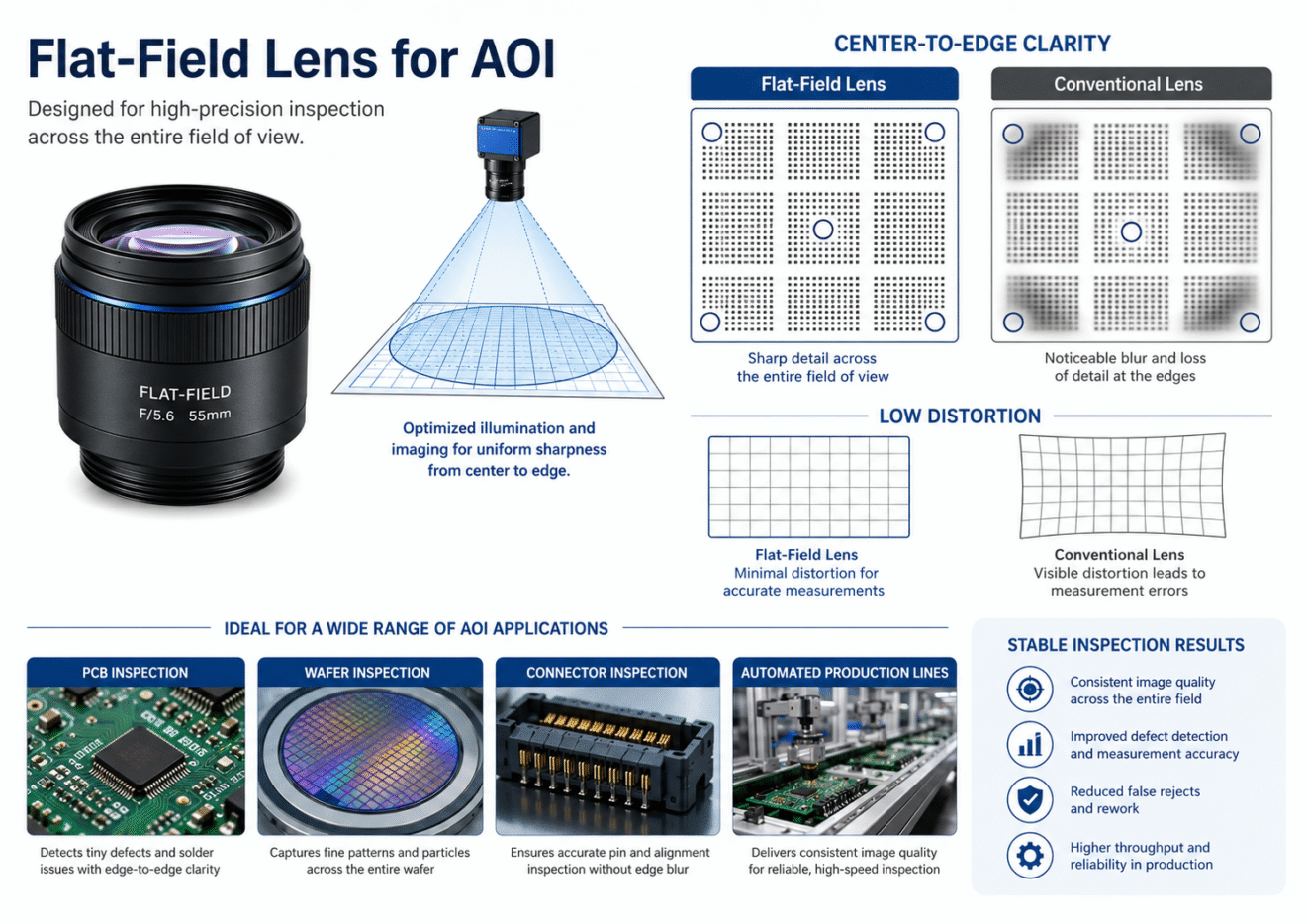 flat field lens for AOI inspection showing center to edge clarity low distortion and stable inspection results