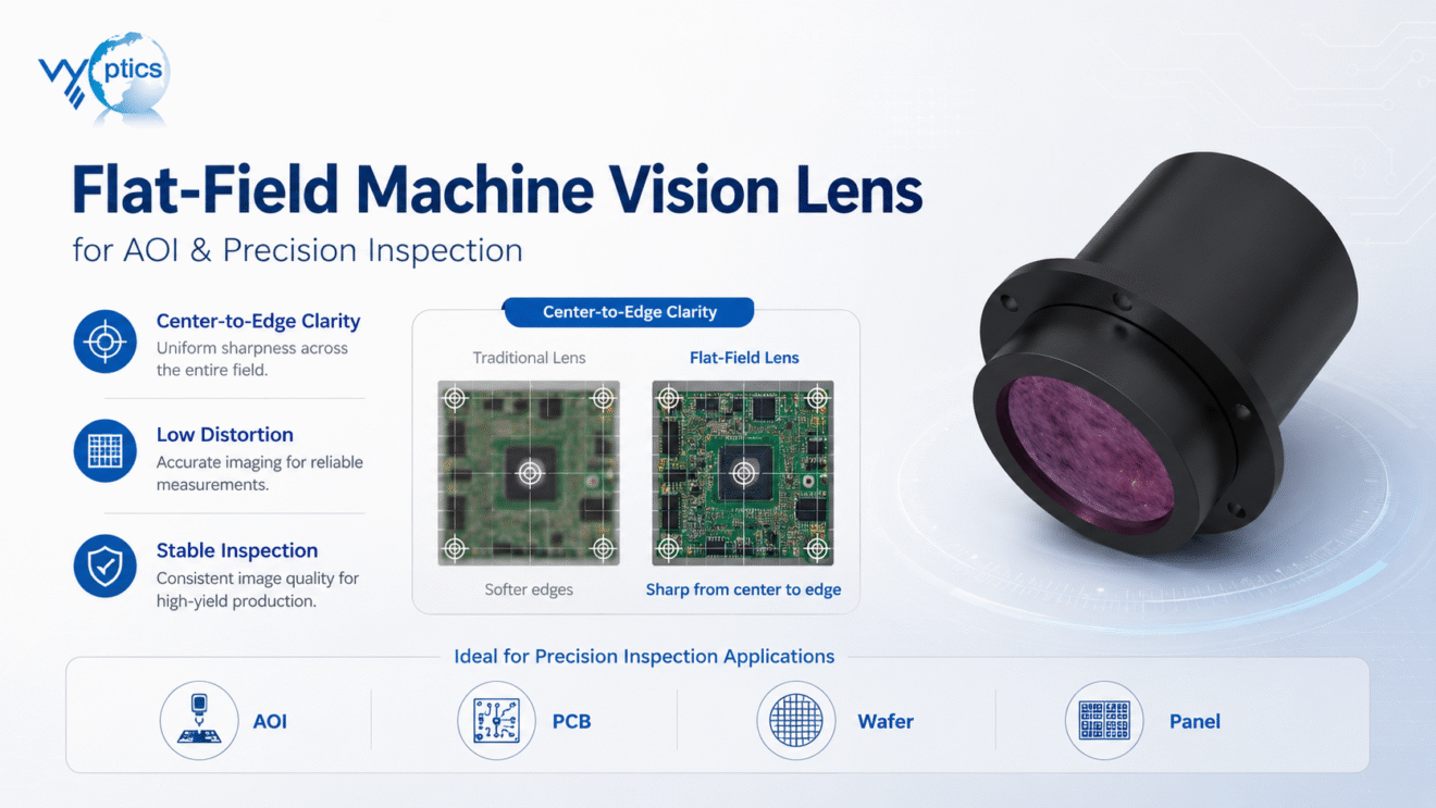 flat-field machine vision lens for AOI and precision inspection with center-to-edge clarity