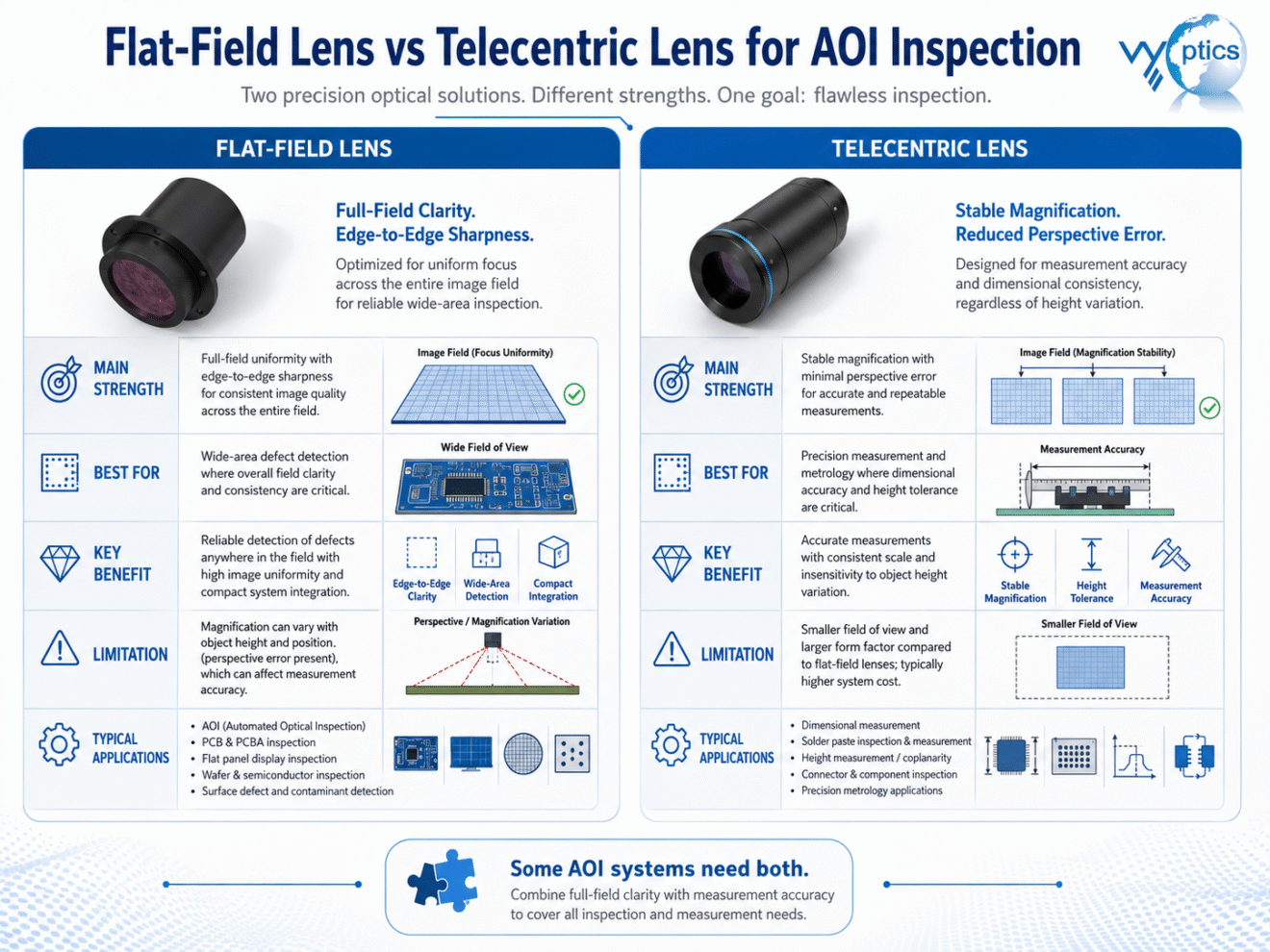 comparison of flat-field and telecentric lenses for AOI defect detection and precision measurement