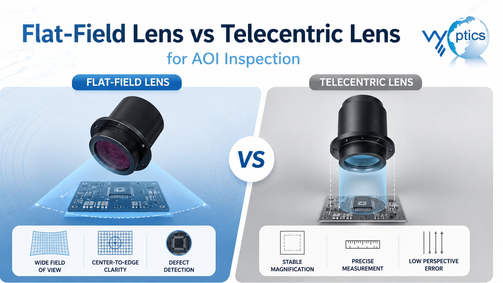 flat-field lens vs telecentric lens for AOI inspection by VY Optics