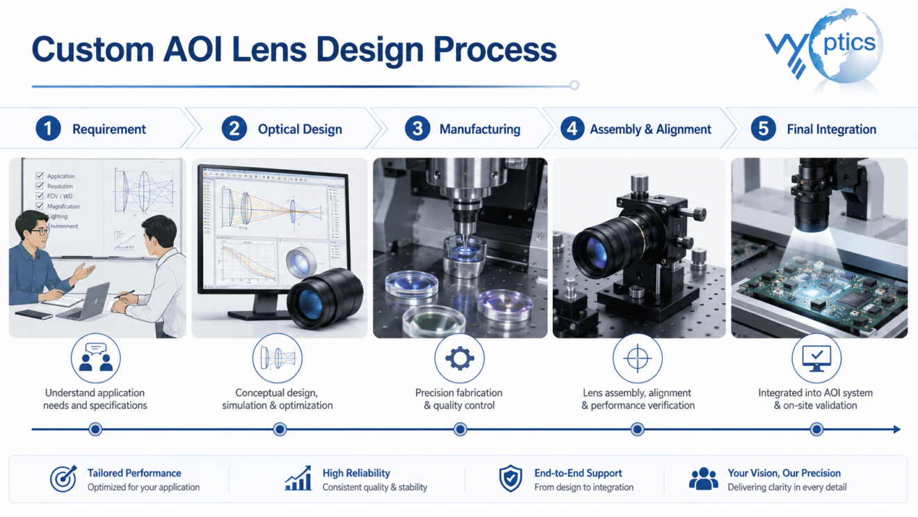 custom AOI optical lens design process from requirement analysis to lens assembly and integration