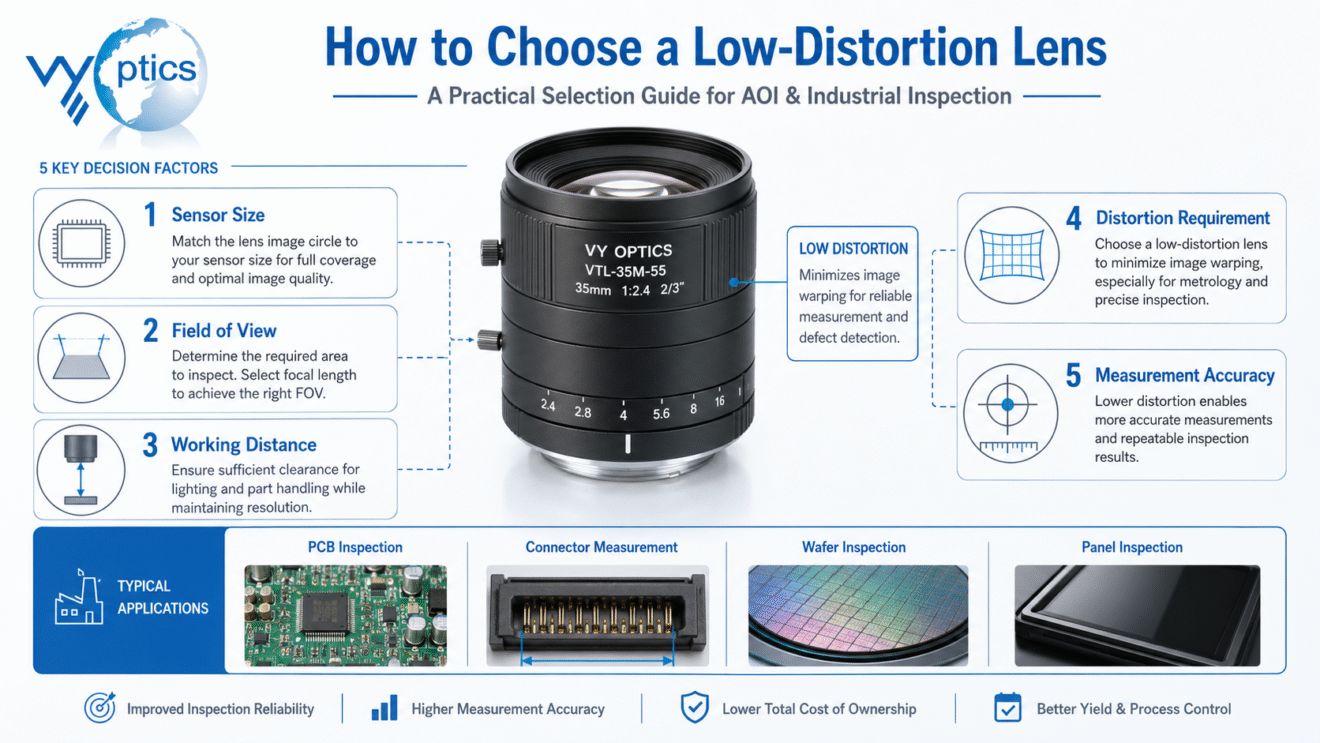 how to choose a low-distortion lens for AOI inspection sensor size field of view and measurement accuracy