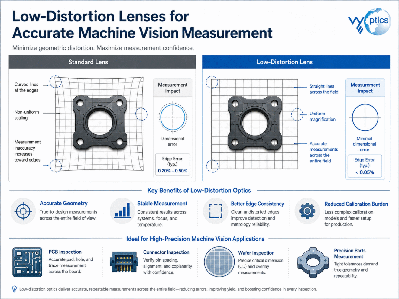 comparison of standard lens and low-distortion lens for machine vision measurement accuracy